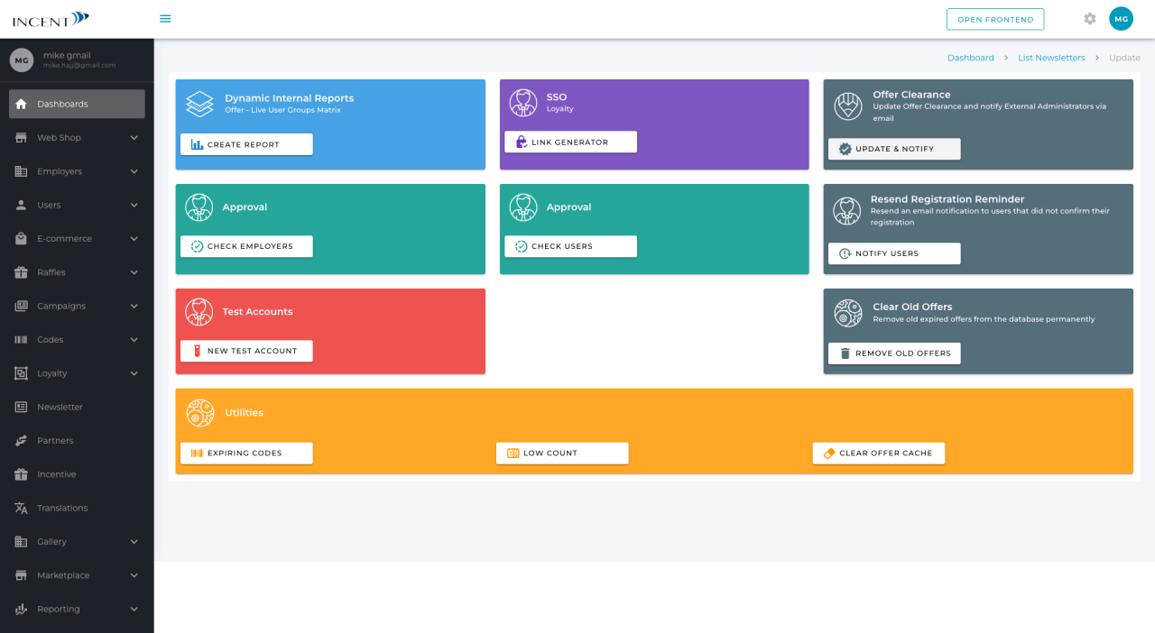 Incent admin dashboard after platform reconstruction